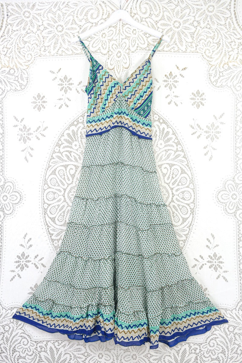 Delilah Maxi Dress - Spearmint & White Floral Motif - Vintage Sari - Free Size M/L by all about audrey