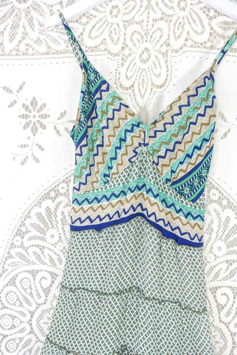 Delilah Maxi Dress - Spearmint & White Floral Motif - Vintage Sari - Free Size M/L by all about audrey