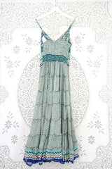 Delilah Maxi Dress - Spearmint & White Floral Motif - Vintage Sari - Free Size M/L by all about audrey