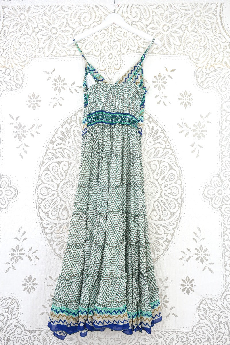 Delilah Maxi Dress - Spearmint & White Floral Motif - Vintage Sari - Free Size M/L by all about audrey