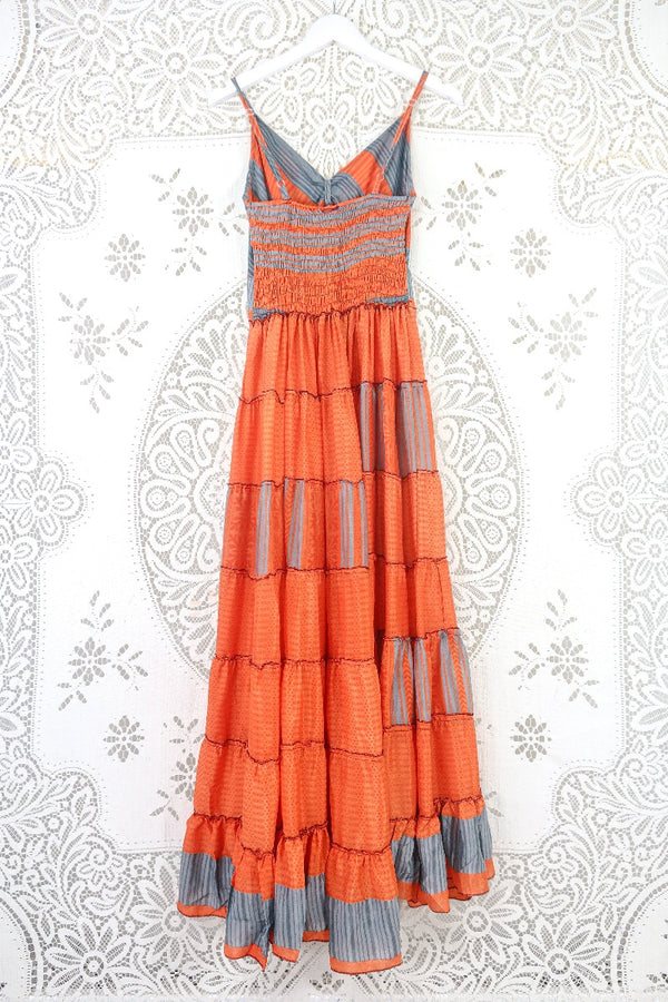 Delilah Maxi Dress - Bright Orange & Grey Stripes - Vintage Sari - Free Size L by all about audrey
