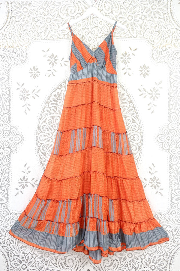 Delilah Maxi Dress - Bright Orange & Grey Stripes - Vintage Sari - Free Size L by all about audrey