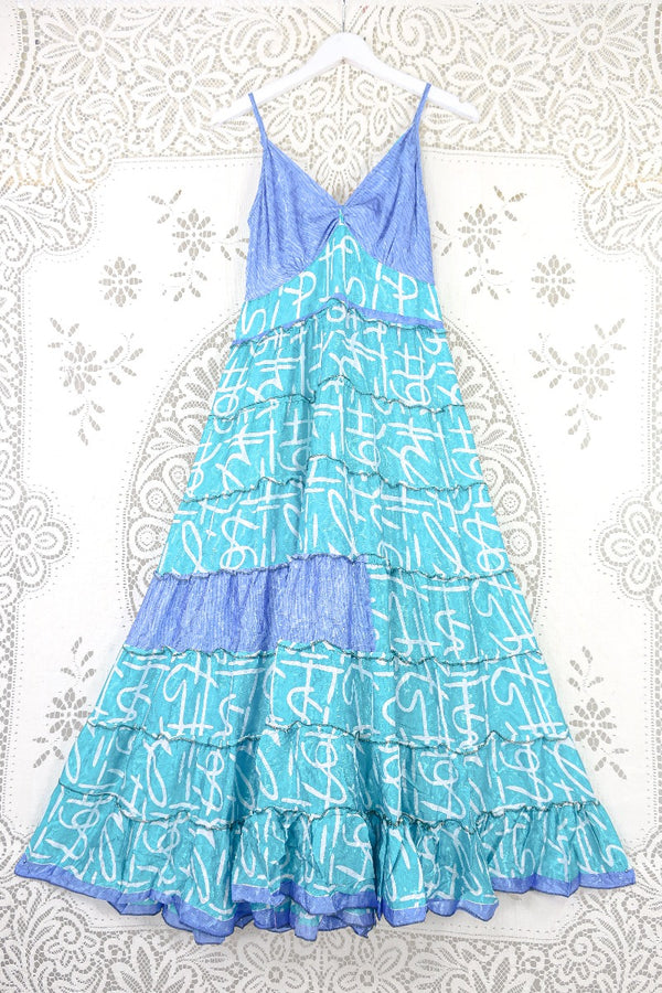 Delilah Maxi Dress - Periwinkle Blue & Turquoise - Vintage Sari - Free Size M/L By All About Audrey