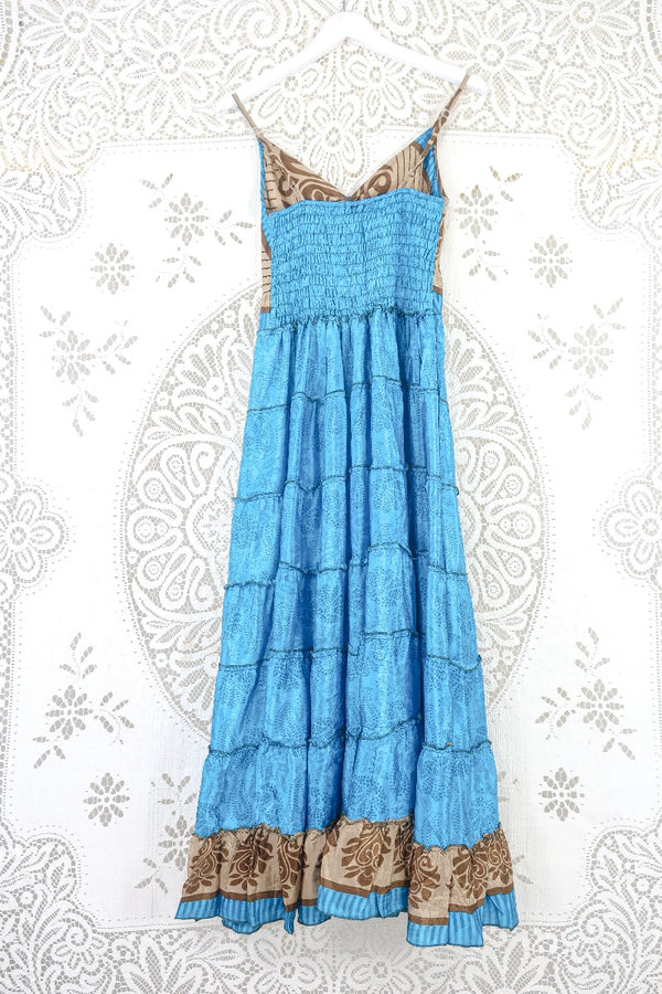 Delilah Maxi Dress - Turquoise & Golden Sand Floral - Vintage Sari - Free Size M/L By All About Audrey