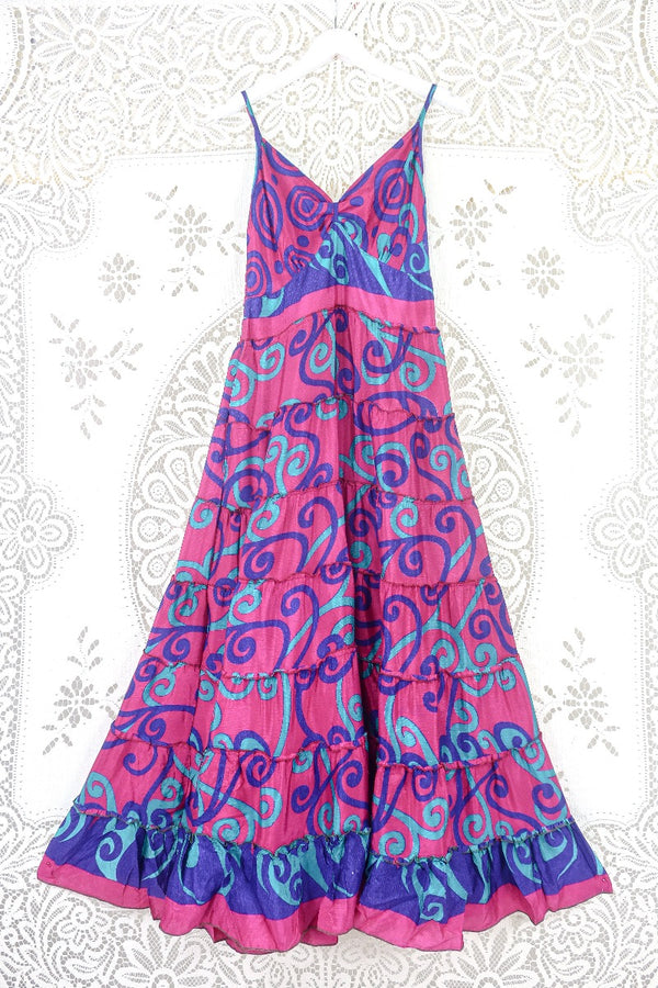 Delilah Maxi Dress - Magenta Pink, Plum & Jade Swirl - Vintage Sari - Free Size M/L By All About Audrey