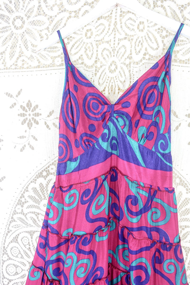 Delilah Maxi Dress - Magenta Pink, Plum & Jade Swirl - Vintage Sari - Free Size M/L By All About Audrey