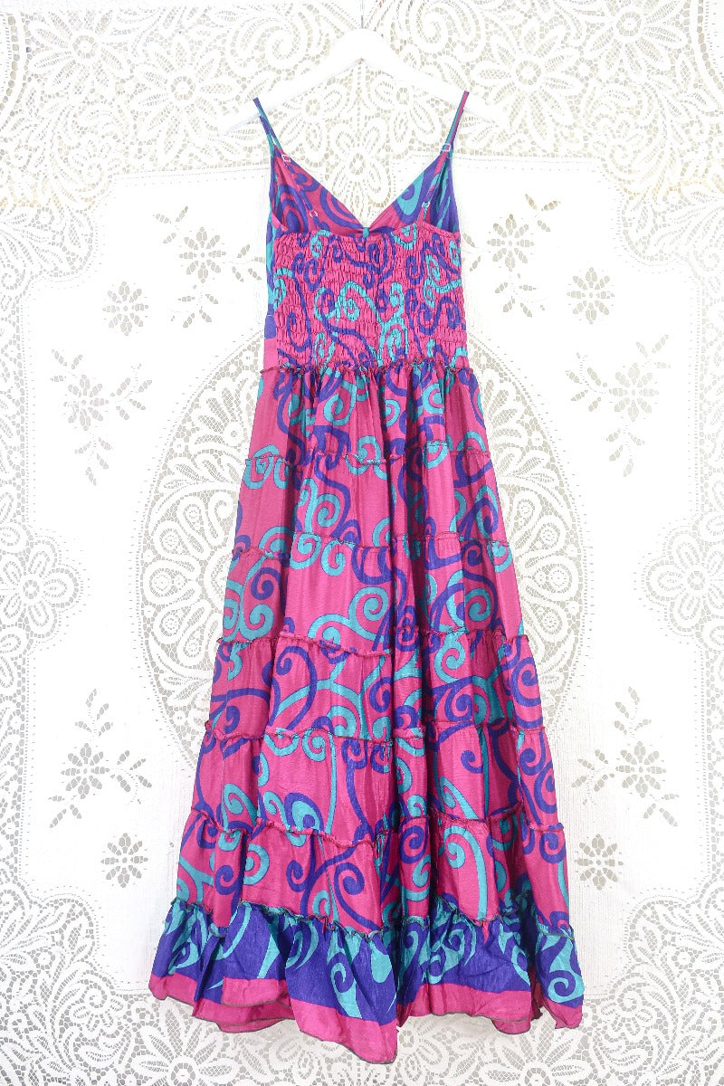 Delilah Maxi Dress - Magenta Pink, Plum & Jade Swirl - Vintage Sari - Free Size M/L By All About Audrey