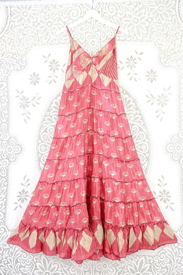 Delilah Maxi Dress - Coral Pink & Vanilla Motif - Vintage Sari - Free Size M/L By All About Audrey