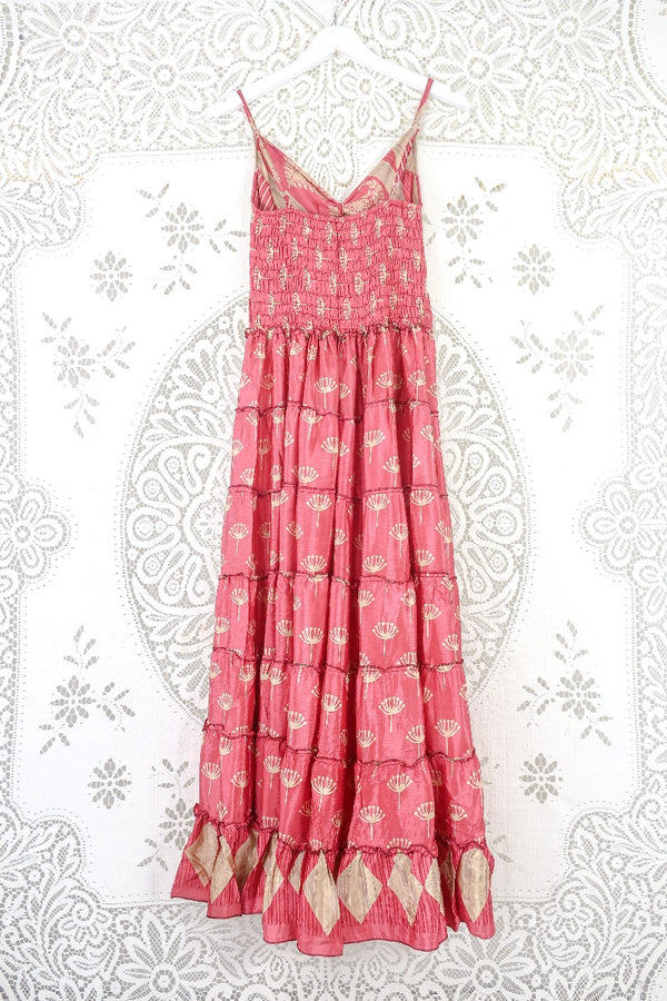 Delilah Maxi Dress - Coral Pink & Vanilla Motif - Vintage Sari - Free Size M/L By All About Audrey