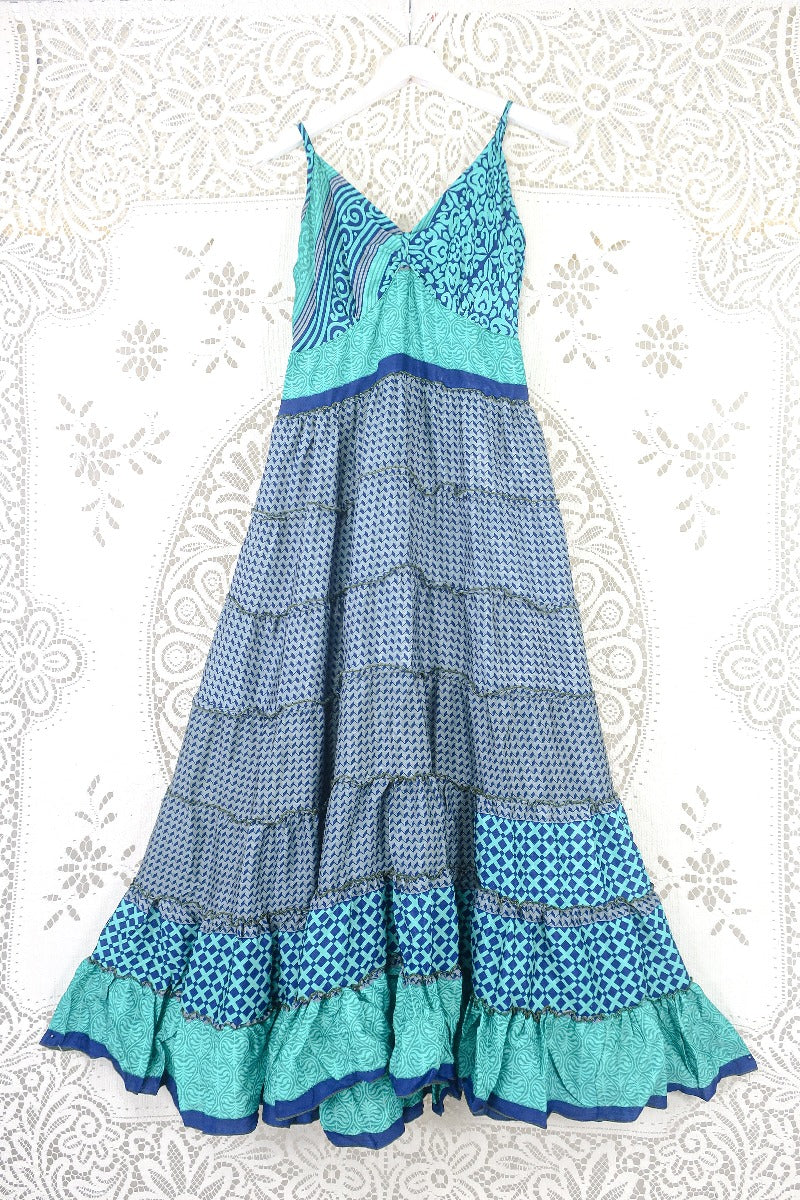 Delilah Maxi Dress - Spectral Grey & Turquoise Illusion - Vintage Sari - Free Size M/L by all about audrey