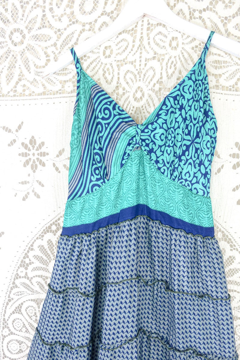 Delilah Maxi Dress - Spectral Grey & Turquoise Illusion - Vintage Sari - Free Size M/L by all about audrey