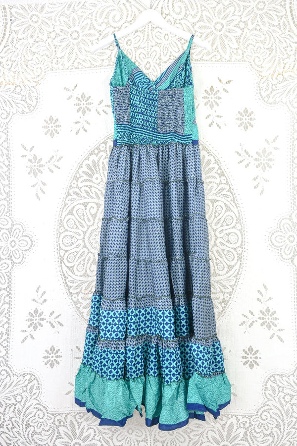 Delilah Maxi Dress - Spectral Grey & Turquoise Illusion - Vintage Sari - Free Size M/L by all about audrey