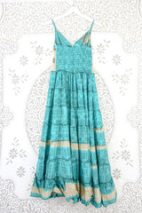 Delilah Maxi Dress - Aqua Blue & Oat Floral - Vintage Sari - Free Size M/L By All About Audrey