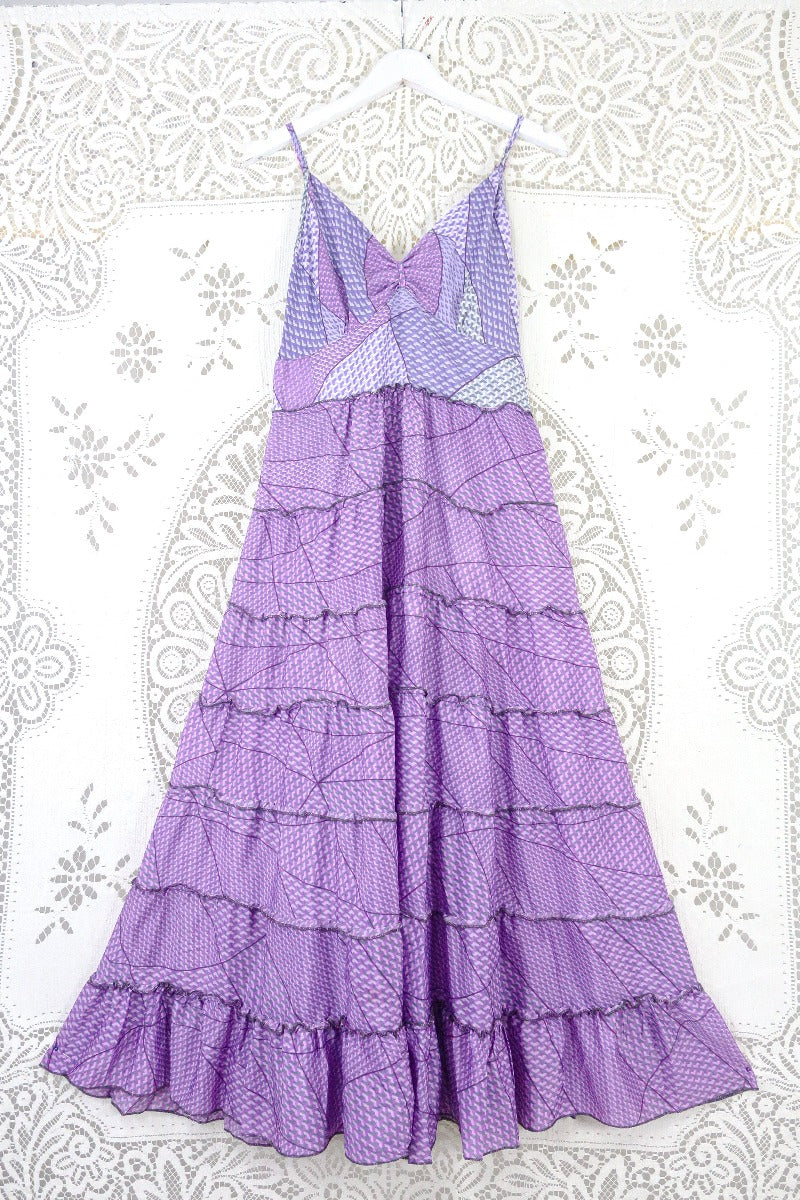 Delilah Maxi Dress - Lilac & Lavender Geometric Print - Vintage Sari - Free Size M/L By All About Audrey