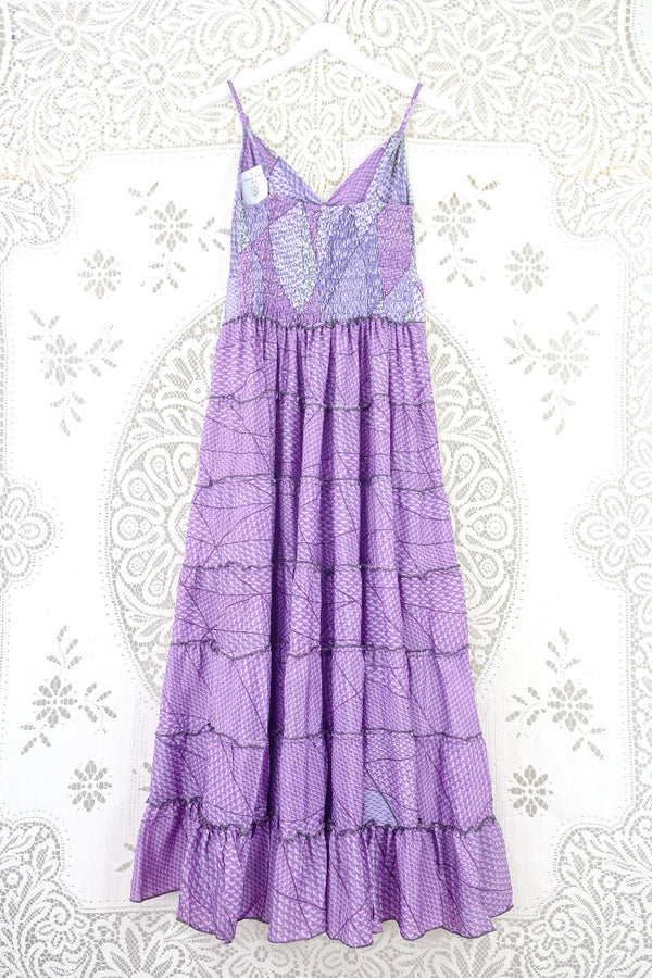Delilah Maxi Dress - Lilac & Lavender Geometric Print - Vintage Sari - Free Size M/L By All About Audrey