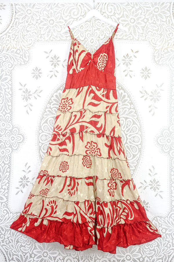 Delilah Maxi Dress - White Gold & Ruby Art Deco Jacquard - Vintage Sari - Free Size M/L by all about audrey