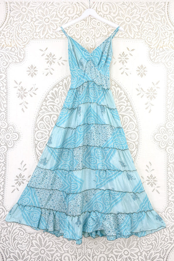 Delilah Maxi Dress - Wonderland Blue Floral Motif - Vintage Sari - Free Size S by all about audrey