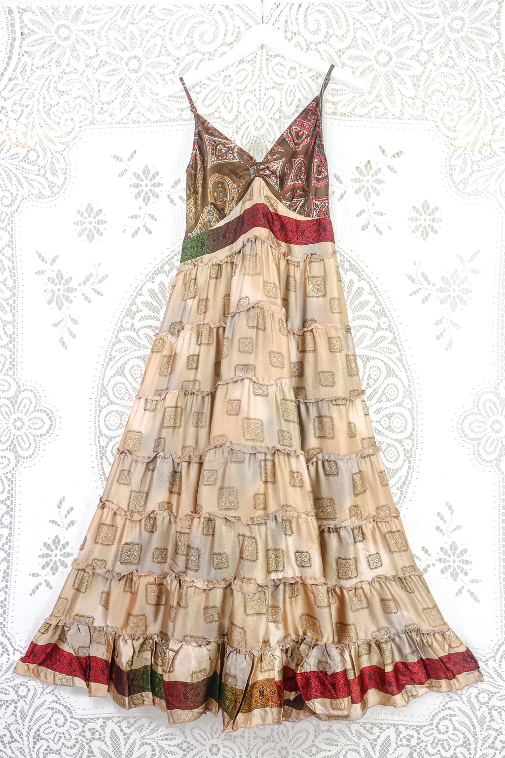 Delilah Maxi Dress - Fawn & Earth Tone Motif - Vintage Sari - Free Size M/L By All About Audrey