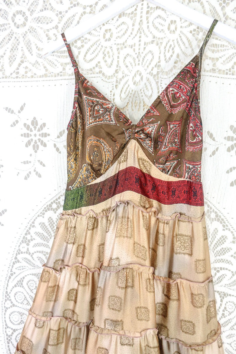Delilah Maxi Dress - Fawn & Earth Tone Motif - Vintage Sari - Free Size M/L By All About Audrey