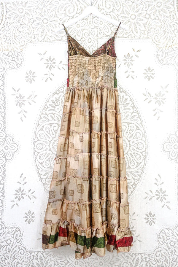 Delilah Maxi Dress - Fawn & Earth Tone Motif - Vintage Sari - Free Size M/L By All About Audrey