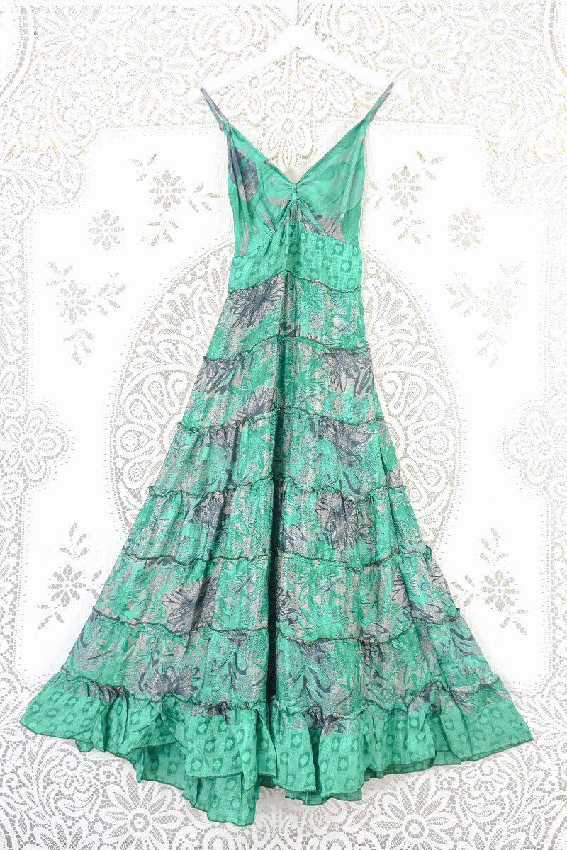 Delilah Maxi Dress - Seafoam Green & Slate Bold Floral - Vintage Sari - Free Size S By All About Audrey