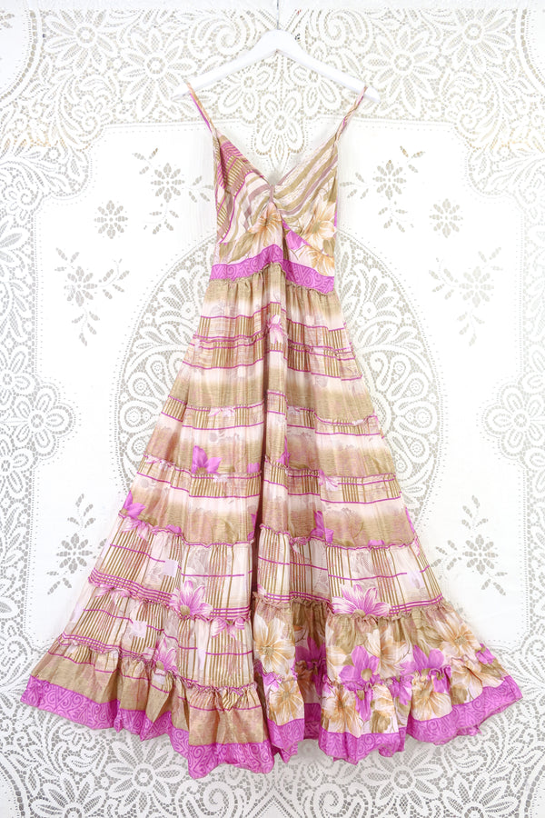 Delilah Maxi Dress - Golden Beige & Cerise Tropical Floral- Vintage Sari - Free Size S