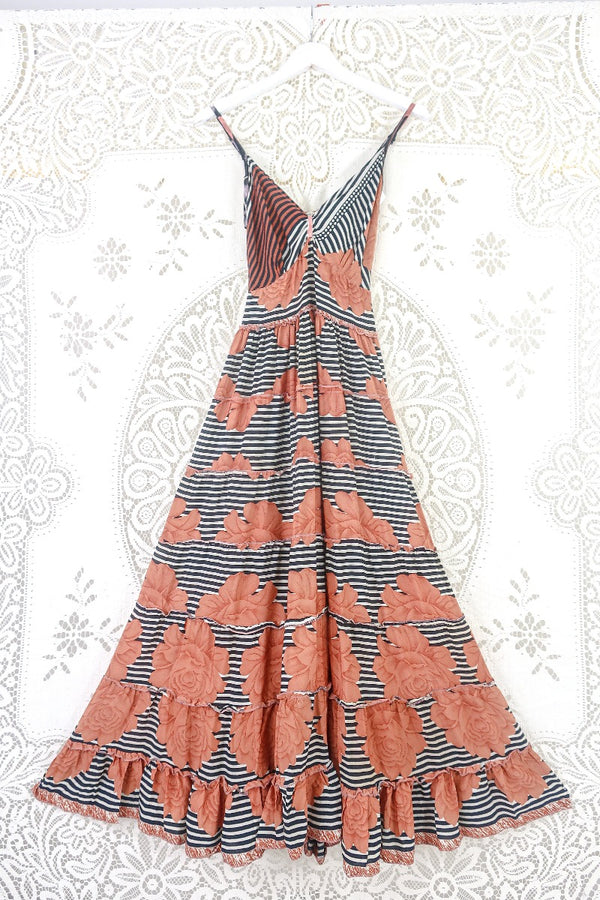 Delilah Maxi Dress - Copper & Black Striped Floral - Vintage Sari - Free Size S By All About Audrey