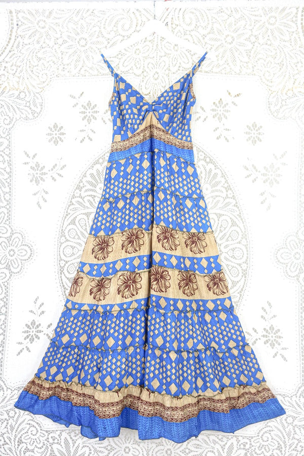 Delilah Maxi Dress - Majorelle Blue Diamond Floral - Vintage Sari - Free Size M/L By All About Audrey