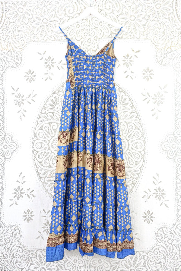 Delilah Maxi Dress - Majorelle Blue Diamond Floral - Vintage Sari - Free Size M/L By All About Audrey