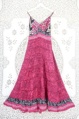 Delilah Maxi Dress - Blazing Pink & Black Graphic Print - Vintage Sari - Free Size M/L by all about audrey