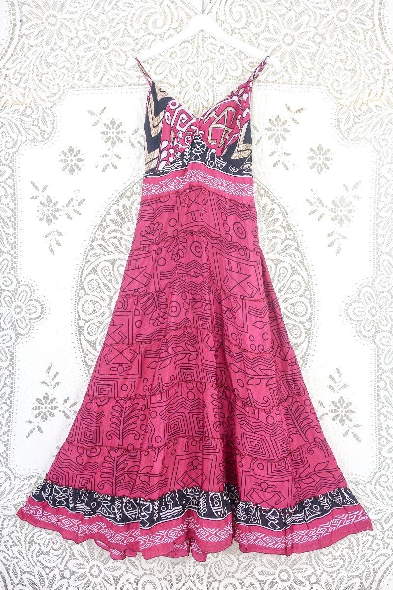 Delilah Maxi Dress - Blazing Pink & Black Graphic Print - Vintage Sari - Free Size M/L by all about audrey