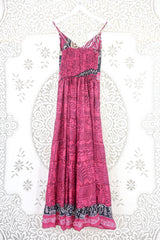 Delilah Maxi Dress - Blazing Pink & Black Graphic Print - Vintage Sari - Free Size M/L by all about audrey