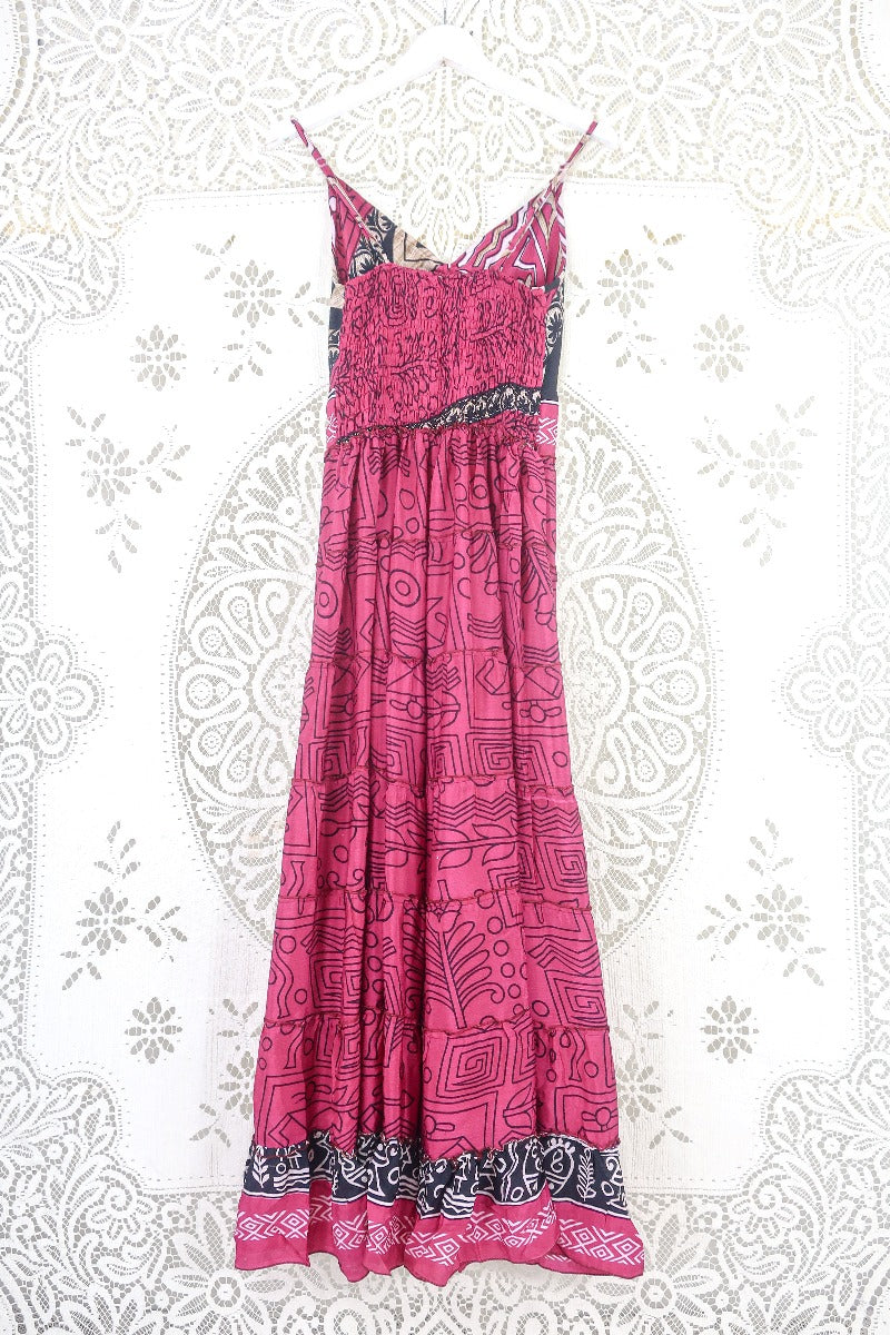 Delilah Maxi Dress - Blazing Pink & Black Graphic Print - Vintage Sari - Free Size M/L by all about audrey