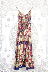 Delilah Maxi Dress - Beige with a Bold Graphic Print - Vintage Sari - Free Size M/L by all about audrey