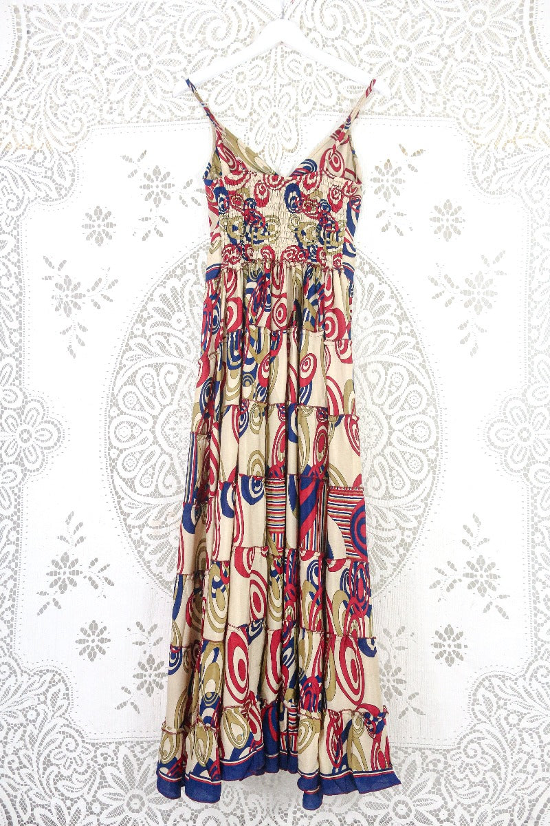 Delilah Maxi Dress - Beige with a Bold Graphic Print - Vintage Sari - Free Size M/L by all about audrey