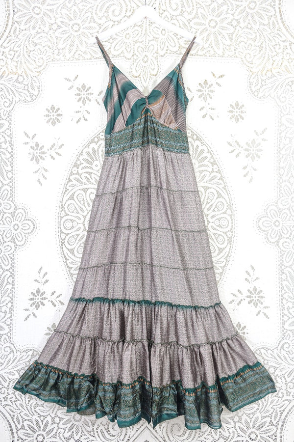 Delilah Maxi Dress - Juniper & Deep Green Tiles - Vintage Sari - Free Size L by all about audrey