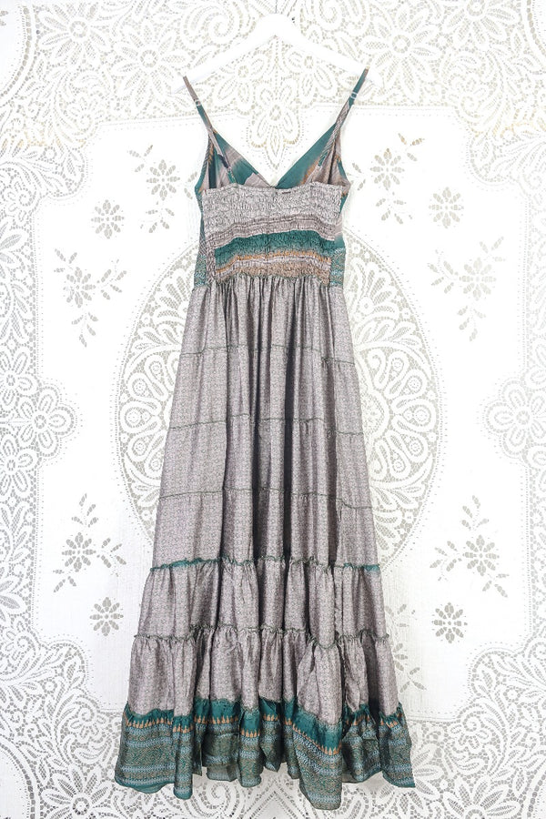 Delilah Maxi Dress - Juniper & Deep Green Tiles - Vintage Sari - Free Size L by all about audrey