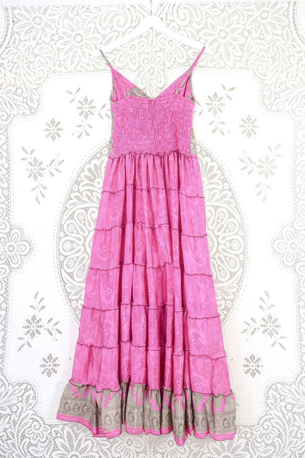 Delilah Maxi Dress - Bright Magenta Pink Paisley - Vintage Sari - Free Size M/L