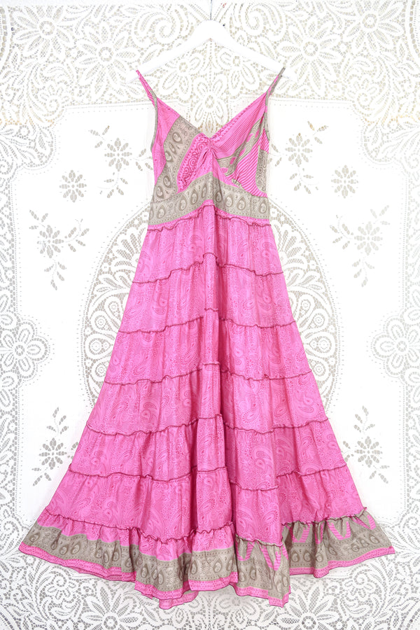 Delilah Maxi Dress - Bright Magenta Pink Paisley - Vintage Sari - Free Size M/L