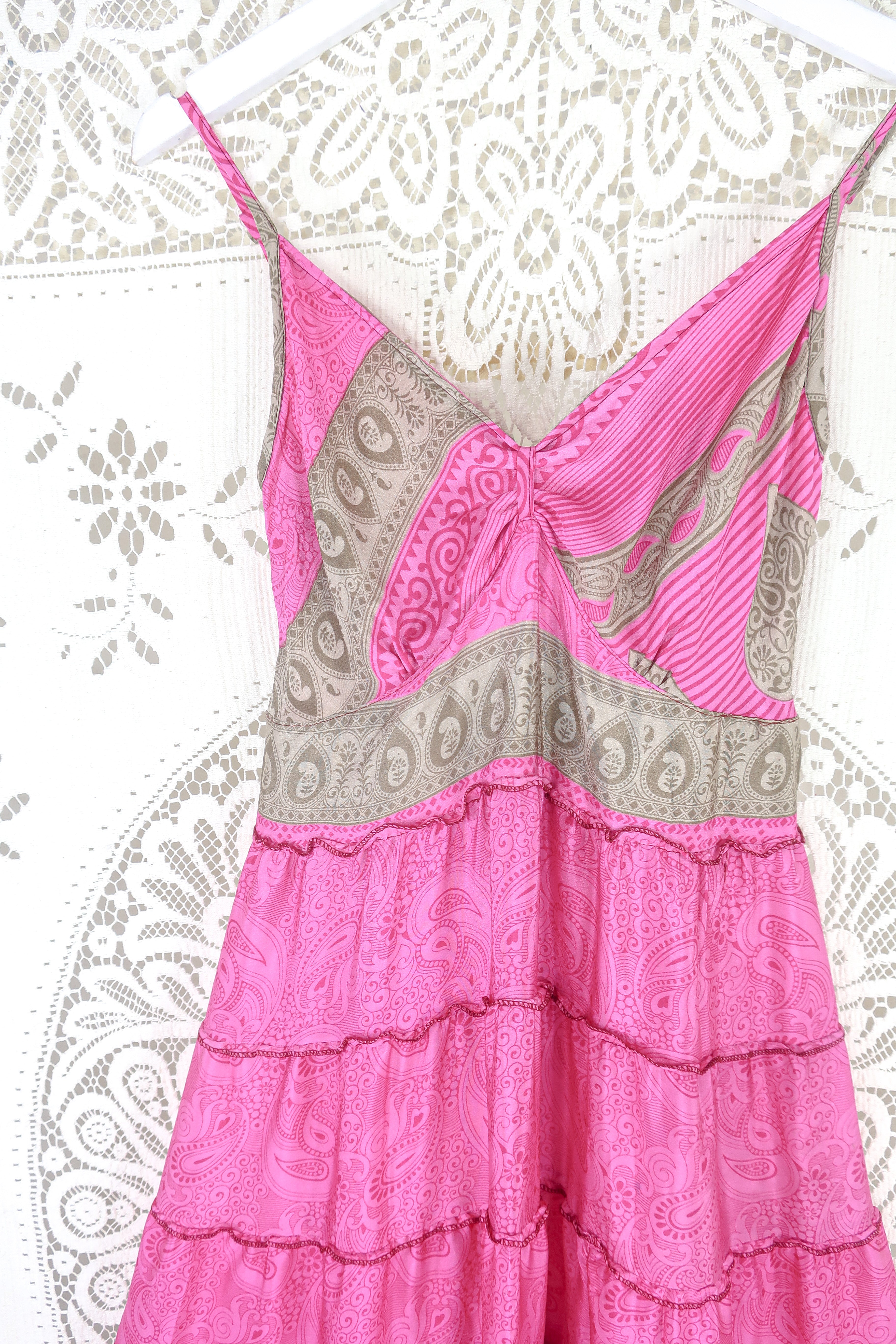 Delilah Maxi Dress - Bright Magenta Pink Paisley - Vintage Sari - Free Size M/L