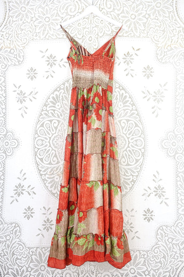 Delilah Maxi Dress - Fiery Orange Sunflowers - Vintage Sari - Free Size S/M by all about audrey