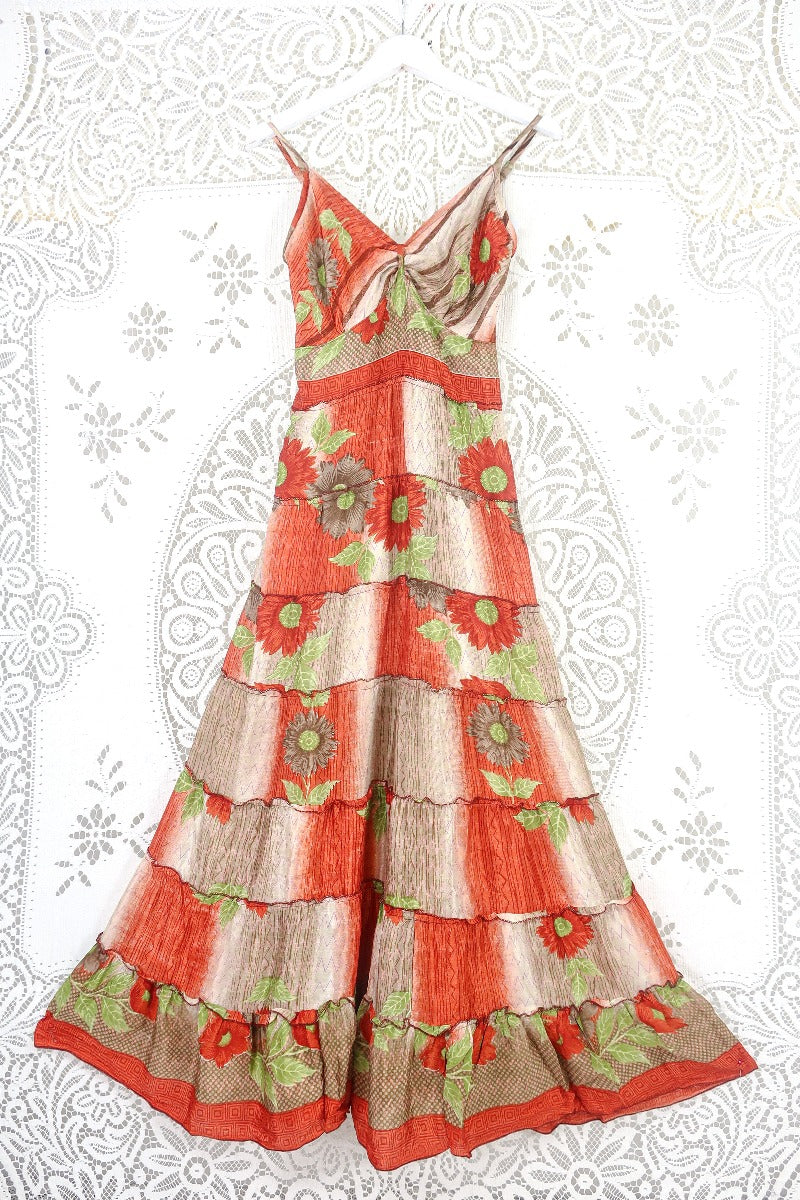 Delilah Maxi Dress - Fiery Orange Sunflowers - Vintage Sari - Free Size S/M by all about audrey