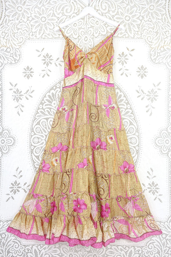 Delilah Maxi Dress - Sunny Beige & Magenta Floral - Vintage Sari - Free Size M/L By All About Audrey
