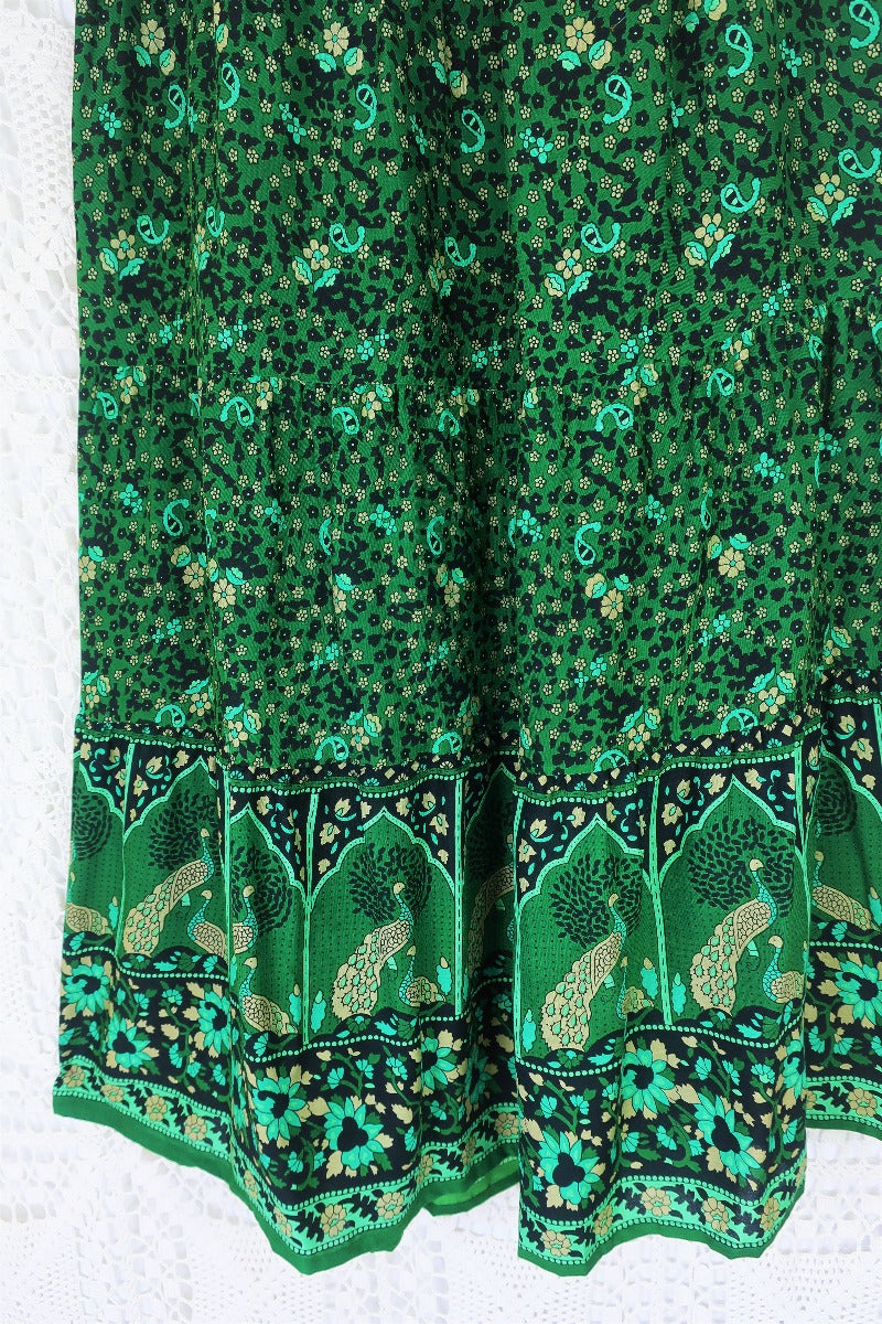 Peacock Prairie Bohemian Maxi Skirt - Forest Green Indian Rayon (Free Size) by All About Audrey