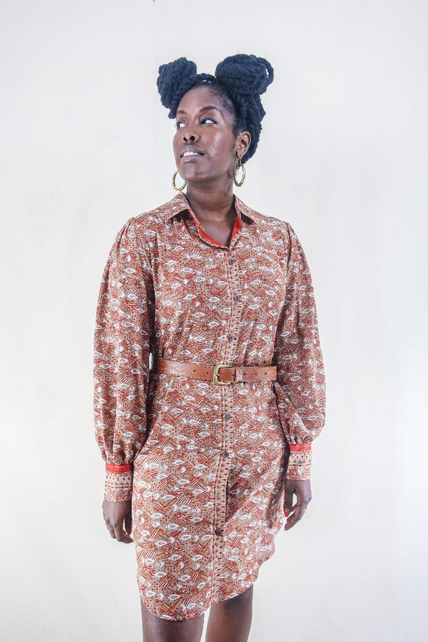 Bonnie Shirt Dress - Rust Red Ditsy Paisley - Vintage Indian Sari - Free Size M/L By All About Audrey