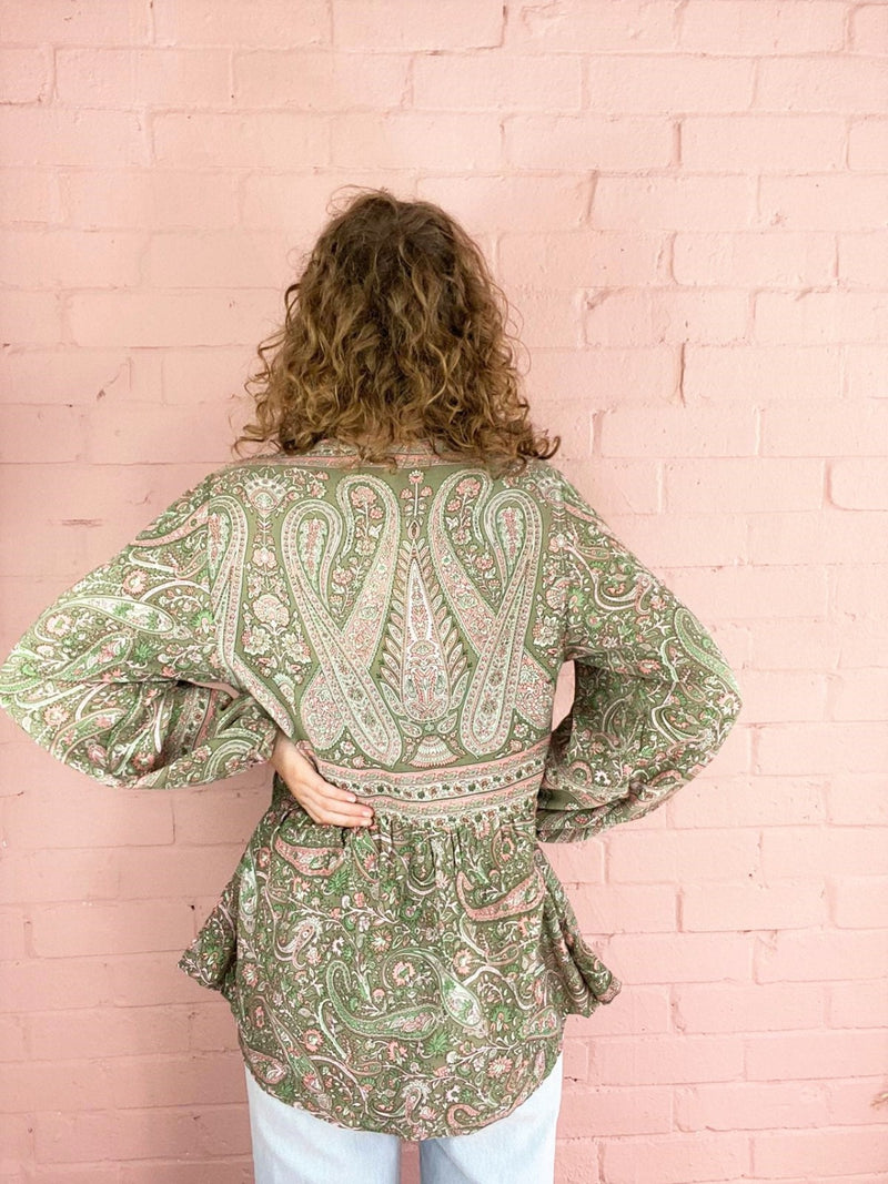 20% off | Florence Smock Top in Sage & Blush Paisley Floral