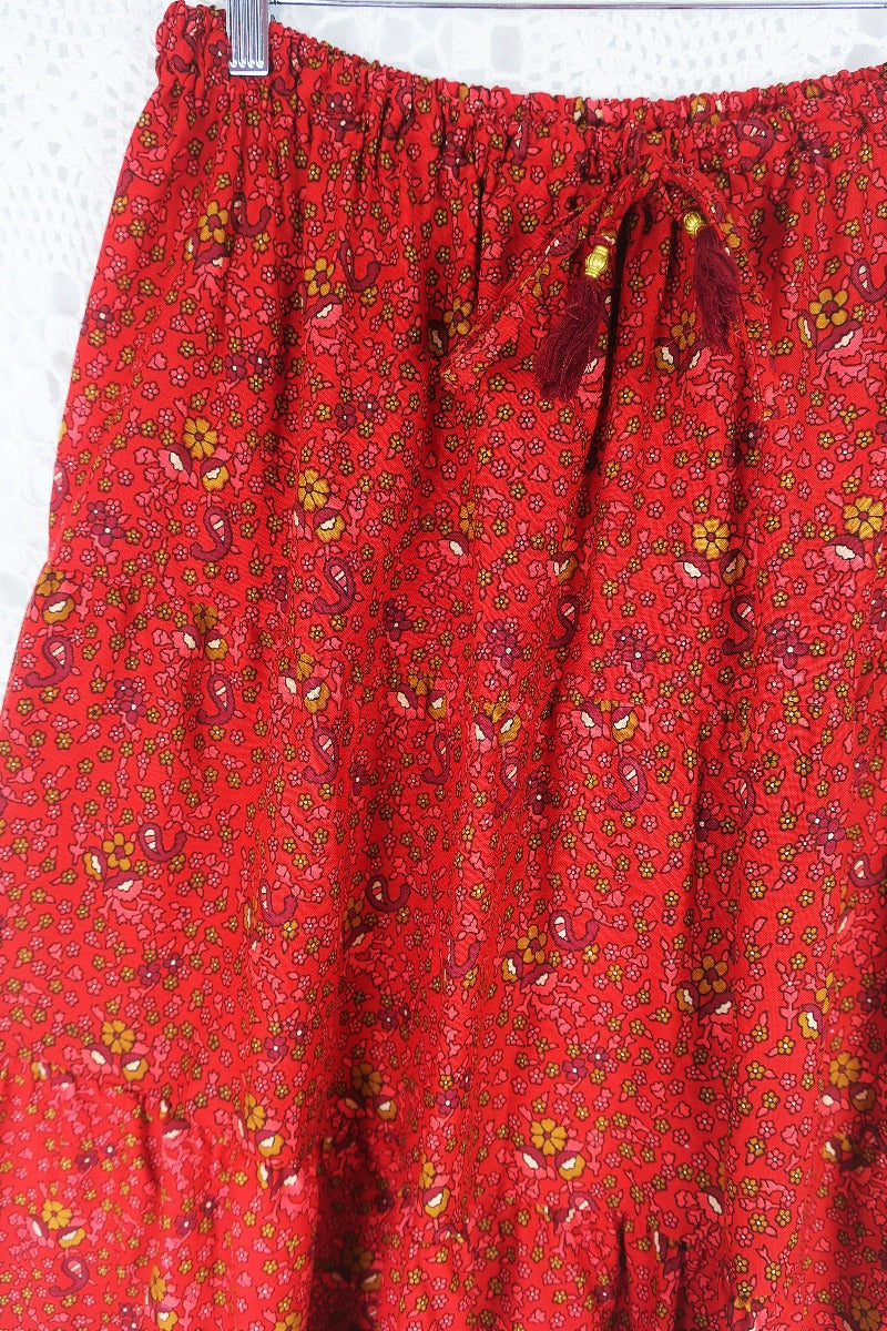 Peacock Prairie Skirt - Bohemian Maxi Skirt in Berry Red Indian Rayon (Free Size) All About Audrey