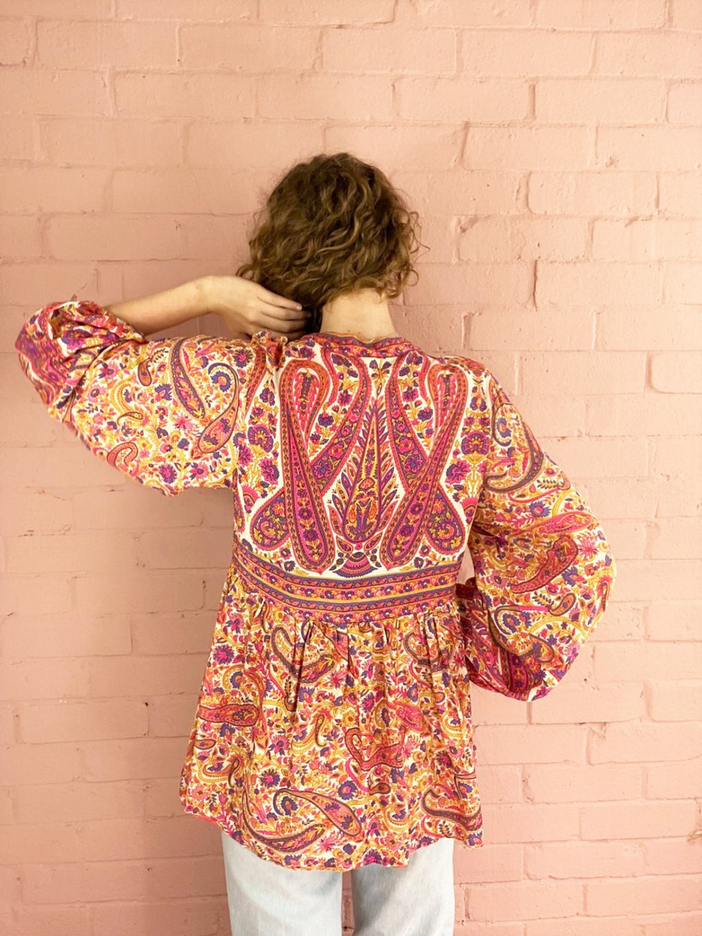 Florence Smock Top in Ivory & Violet Rose Paisley Floral