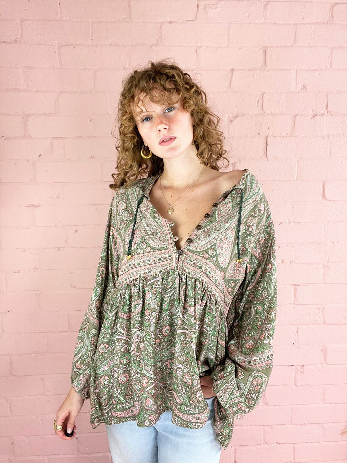 Florence Smock Top in Sage & Blush Paisley Floral