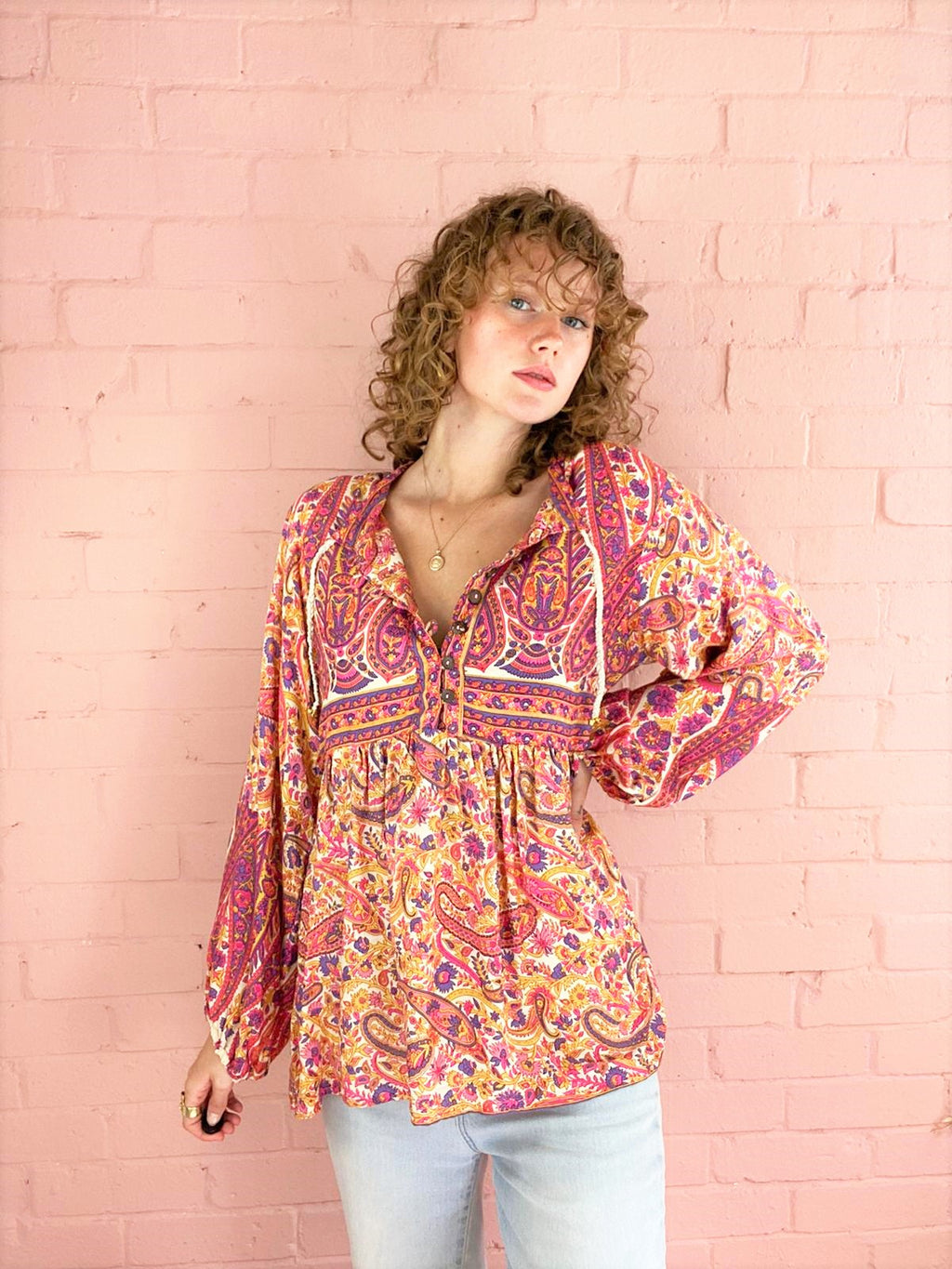 Florence Smock Top in Ivory & Violet Rose Paisley Floral